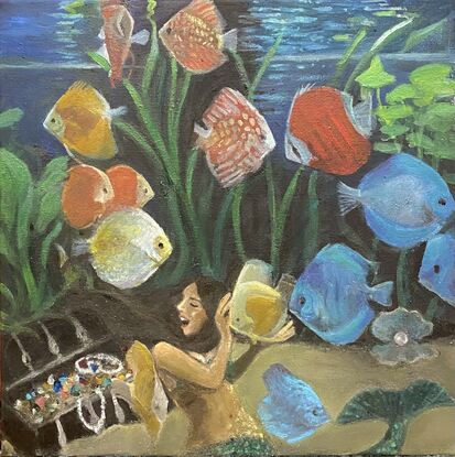 A painting depicting a mermaid finding her treasure and learning to sing amongst a background of tropical discus fish .