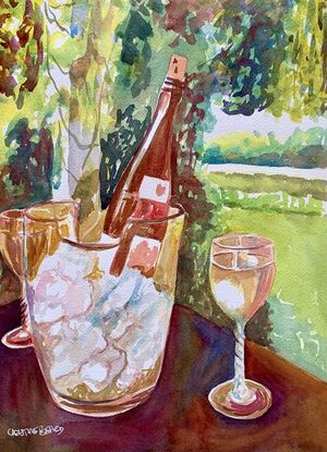 An artwork showing a bottle of wine in an ice bucket along with two glasses of chilled white wine sitting on a table in a shady corner of the garden.