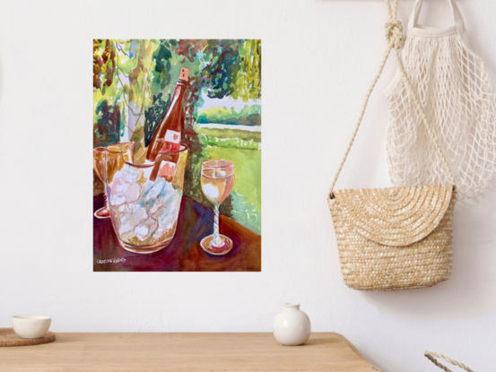 An artwork showing a bottle of wine in an ice bucket along with two glasses of chilled white wine sitting on a table in a shady corner of the garden.