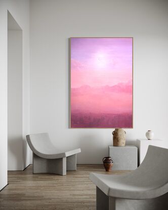 "Vibrant framed oil painting from the Manifestation series: A cityscape of Los Angeles aglow under the sickle Moon, capturing the city's hopes, dreams, and magic on a summer night."