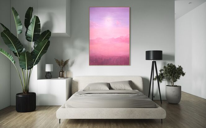 "Vibrant framed oil painting from the Manifestation series: A cityscape of Los Angeles aglow under the sickle Moon, capturing the city's hopes, dreams, and magic on a summer night."