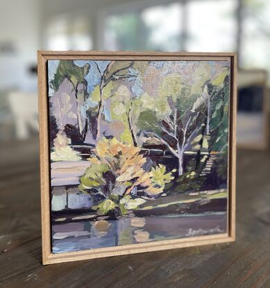 This sweet little original work shows the end of the historic boat shed at Audley on the Port hacking River . In the Royal National Park,. The Royal National Park always inspires me. This piece ended up full of  mauves  and very impressionistic  brushstrokes.  Gum trees with white trunks are so typical of the eucalyptus.   Reflections on the river and subtle stairs heading down to the river through the park. 