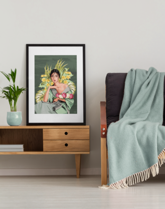 Portrait of  beautiful Japanese woman using tropical flowers in background design