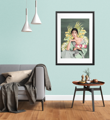 Portrait of  beautiful Japanese woman using tropical flowers in background design