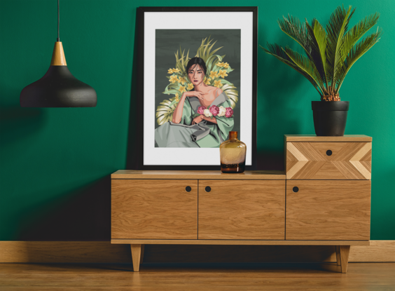 Portrait of  beautiful Japanese woman using tropical flowers in background design