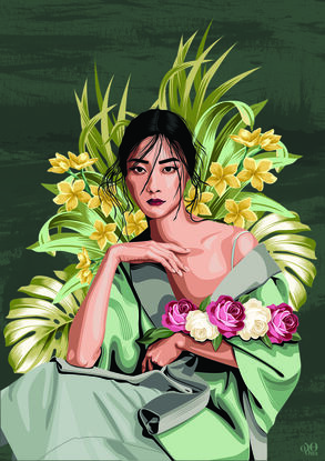 Portrait of  beautiful Japanese woman using tropical flowers in background design