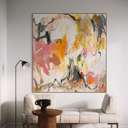 neutral and subtle green and grey tones from nature blended with areas of beige, blush, pinks, orange, apricot, olive green and black expressive marks across an extra large canvas