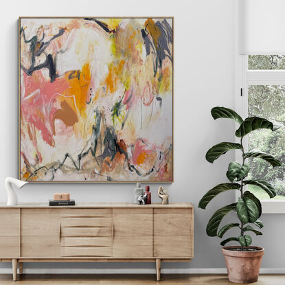 neutral and subtle green and grey tones from nature blended with areas of beige, blush, pinks, orange, apricot, olive green and black expressive marks across an extra large canvas