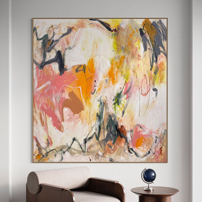 neutral and subtle green and grey tones from nature blended with areas of beige, blush, pinks, orange, apricot, olive green and black expressive marks across an extra large canvas