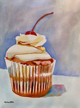 An artwork showing a cupcake with a cherry on the top.