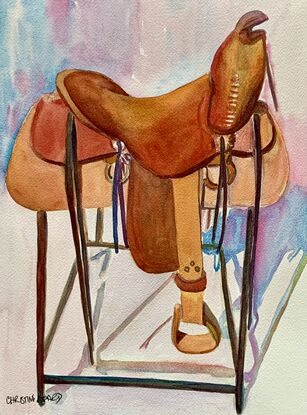 An artwork showing a leather saddle on a frame in a tack room.