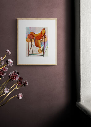 An artwork showing a leather saddle on a frame in a tack room.