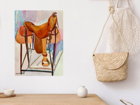 An artwork showing a leather saddle on a frame in a tack room.