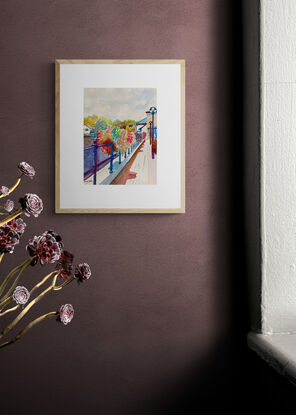 An artwork showing a display of flower baskets adorning the railings between a canal and a public house.