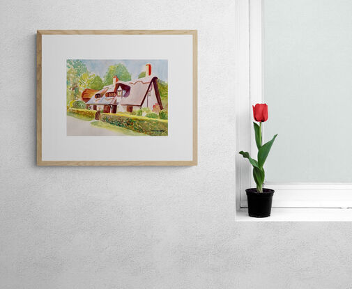 An artwork showing a quiet shady thatched cottage drenched in sunshine.