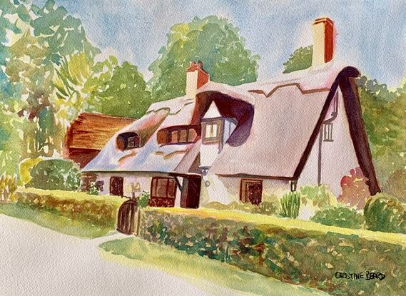 An artwork showing a quiet shady thatched cottage drenched in sunshine.