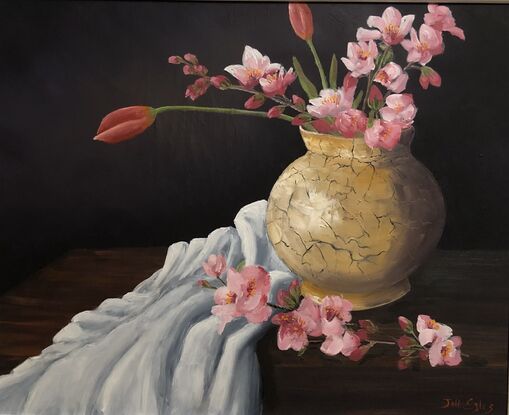 Still life with vase and flowers in a glowing light. Framed in White and ready to hang.