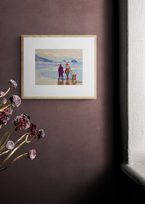 An artwork showing two women walking their dog on the shore at the edge of the ocean.