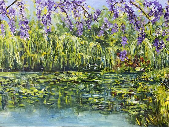 Hanging fronds of wisteria frame a view of the beautiful gardens at  Giverny. Cascading willow trees and floating Waterlilies with watery reflections catch you eyes in the foreground. This is a peaceful scene of a magnificent garden  in full bloom with soft mauve wisteria vines and the soft watery blue of the water pond. Treat
Yourself to a walk through the hanging fronds and imagine the view from the bridge and paths.  A restful work with lots to study and take in. 

This is a large centrepiece painting that will command attention and warm the viewers minds. Imagine this view above your dining table or in a lounge or living room. 