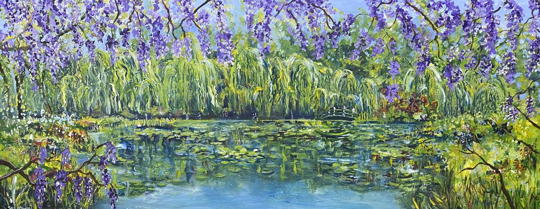 Hanging fronds of wisteria frame a view of the beautiful gardens at  Giverny. Cascading willow trees and floating Waterlilies with watery reflections catch you eyes in the foreground. This is a peaceful scene of a magnificent garden  in full bloom with soft mauve wisteria vines and the soft watery blue of the water pond. Treat
Yourself to a walk through the hanging fronds and imagine the view from the bridge and paths.  A restful work with lots to study and take in. 

This is a large centrepiece painting that will command attention and warm the viewers minds. Imagine this view above your dining table or in a lounge or living room. 