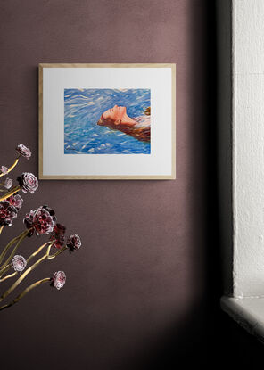 An artwork showing a woman floating on her back happily in water.