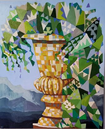 Geometric patterned abstract of garden Urn full of Plumbago flowers