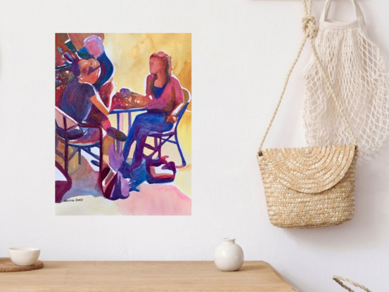 An artwork showing women sitting at a cafe table in the sun.