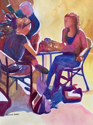 An artwork showing women sitting at a cafe table in the sun.