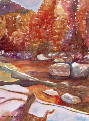 An artwork showing an autumnal stream.