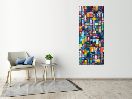 Original PMS Geometrical Oil Painting On Reclaimed Wood - 20 x 48 inches
