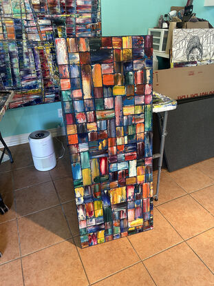 Original PMS Geometrical Oil Painting On Reclaimed Wood - 20 x 48 inches
