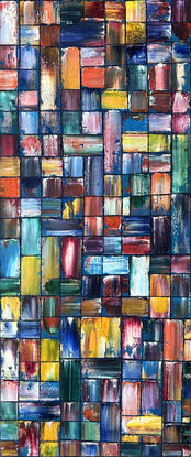 Original PMS Geometrical Oil Painting On Reclaimed Wood - 20 x 48 inches
