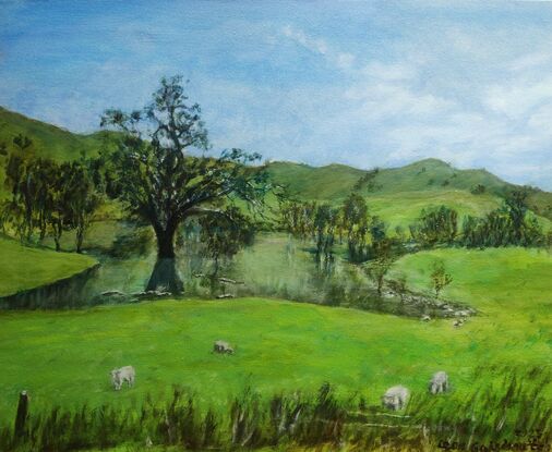 River, flooded trees,  very green pastures and  hills. Blue sky.  Sheeps grazing 