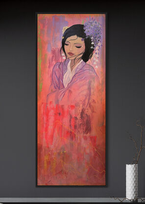 “A large, colourful abstract painting with a portrait of a peaceful woman with flowers in her hair, inspired by traditional Chinese art”