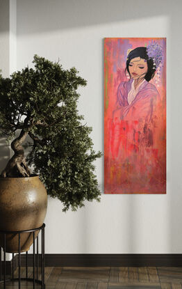 “A large, colourful abstract painting with a portrait of a peaceful woman with flowers in her hair, inspired by traditional Chinese art”