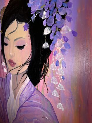 “A large, colourful abstract painting with a portrait of a peaceful woman with flowers in her hair, inspired by traditional Chinese art”