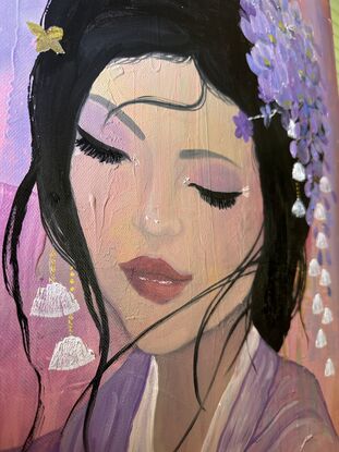 “A large, colourful abstract painting with a portrait of a peaceful woman with flowers in her hair, inspired by traditional Chinese art”