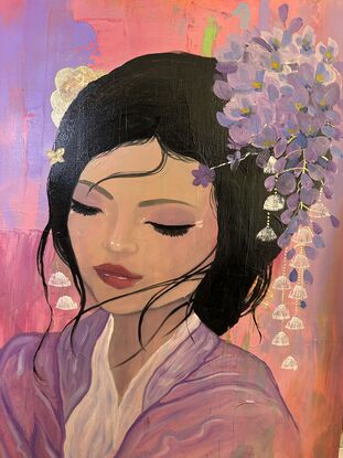 “A large, colourful abstract painting with a portrait of a peaceful woman with flowers in her hair, inspired by traditional Chinese art”