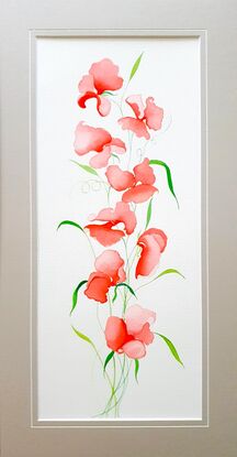 sweet pea flowers in soft pink orange, set in beige matt