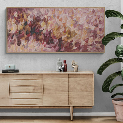 large pink and brown abstract canvas print of an impressionist style landscape of abstract simplified pink flowers in bloom