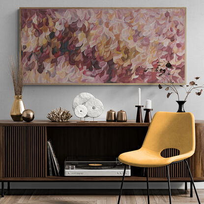 large pink and brown abstract canvas print of an impressionist style landscape of abstract simplified pink flowers in bloom