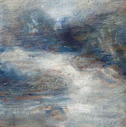 Impressionistic river scape painted with blue tones and cloudy sky using expressive brushstrokes and textured surface