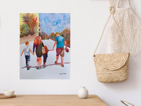 An artwork depicting a family walking together in companionable harmony.