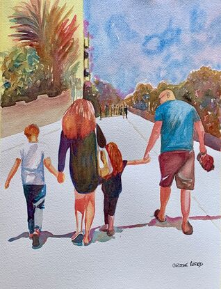 An artwork depicting a family walking together in companionable harmony.