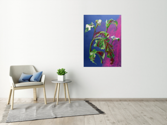 Lily showing flowers and foliage on a blue background with vibran pink, white and green colours. Orginal artwork. This is not a copy or a print. 