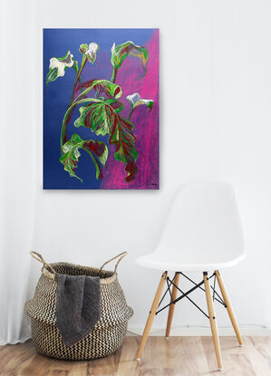 Lily showing flowers and foliage on a blue background with vibran pink, white and green colours. Orginal artwork. This is not a copy or a print. 