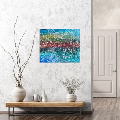 This artwork is vibrant and has depth, with a bright colourful background and titanium white paint depicting the story. It is playful as your eyes travel around the canvas ingesting every corner.