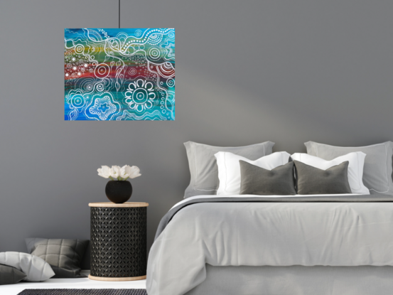 This artwork is vibrant and has depth, with a bright colourful background and titanium white paint depicting the story. It is playful as your eyes travel around the canvas ingesting every corner.