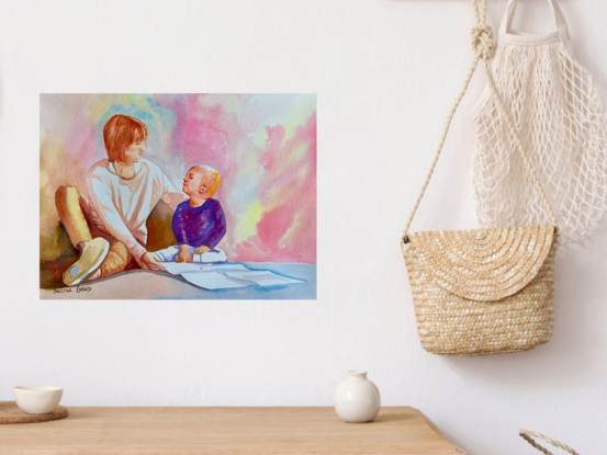 An artwork depicting a family sitting together in companionable harmony.