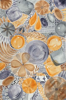 Patterns and lines in apricot, blue and brown with ink mark making, flowers and petals